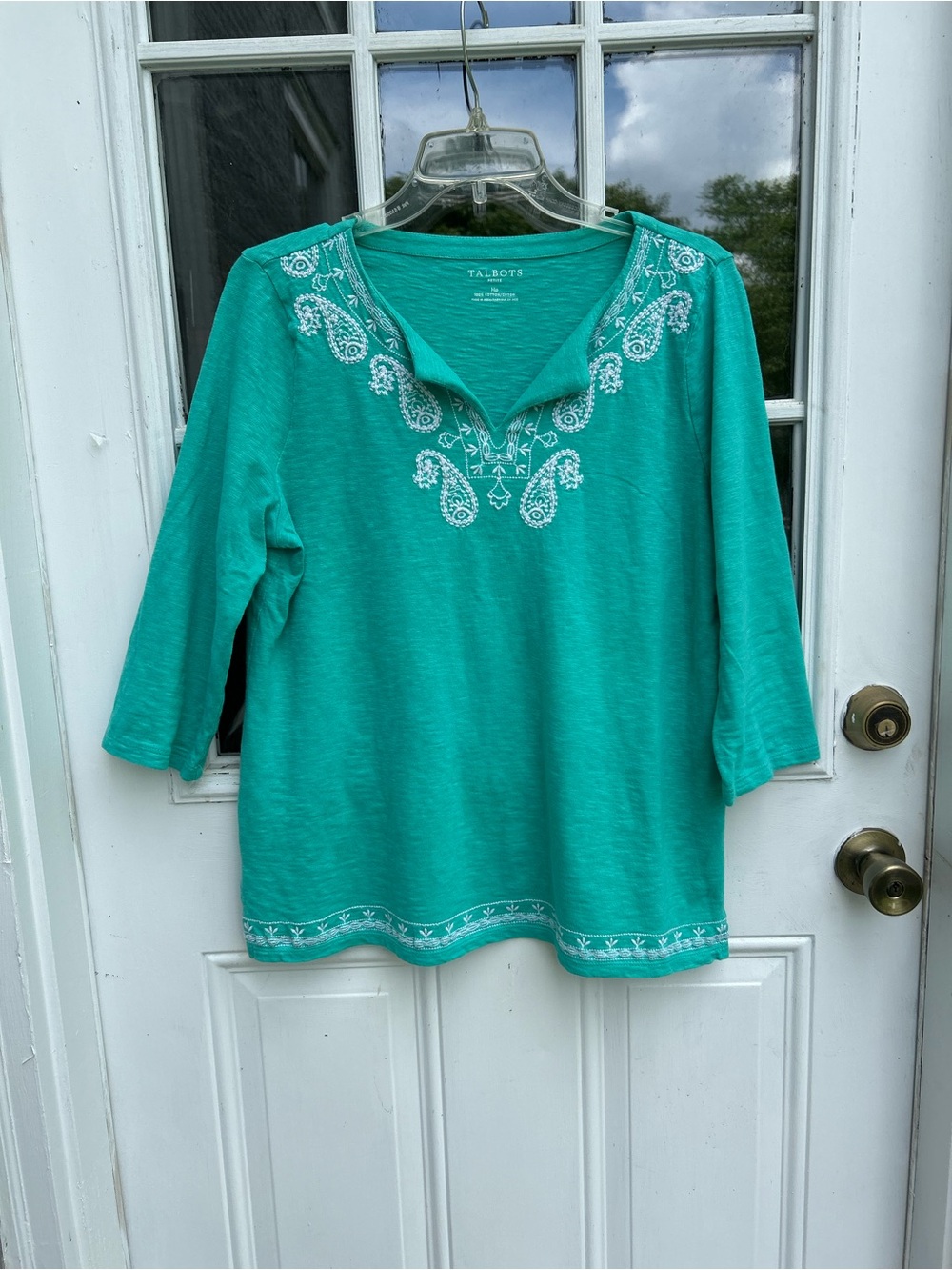 Talbots Teal Embroidered Split-Neck Long Sleeve Tee